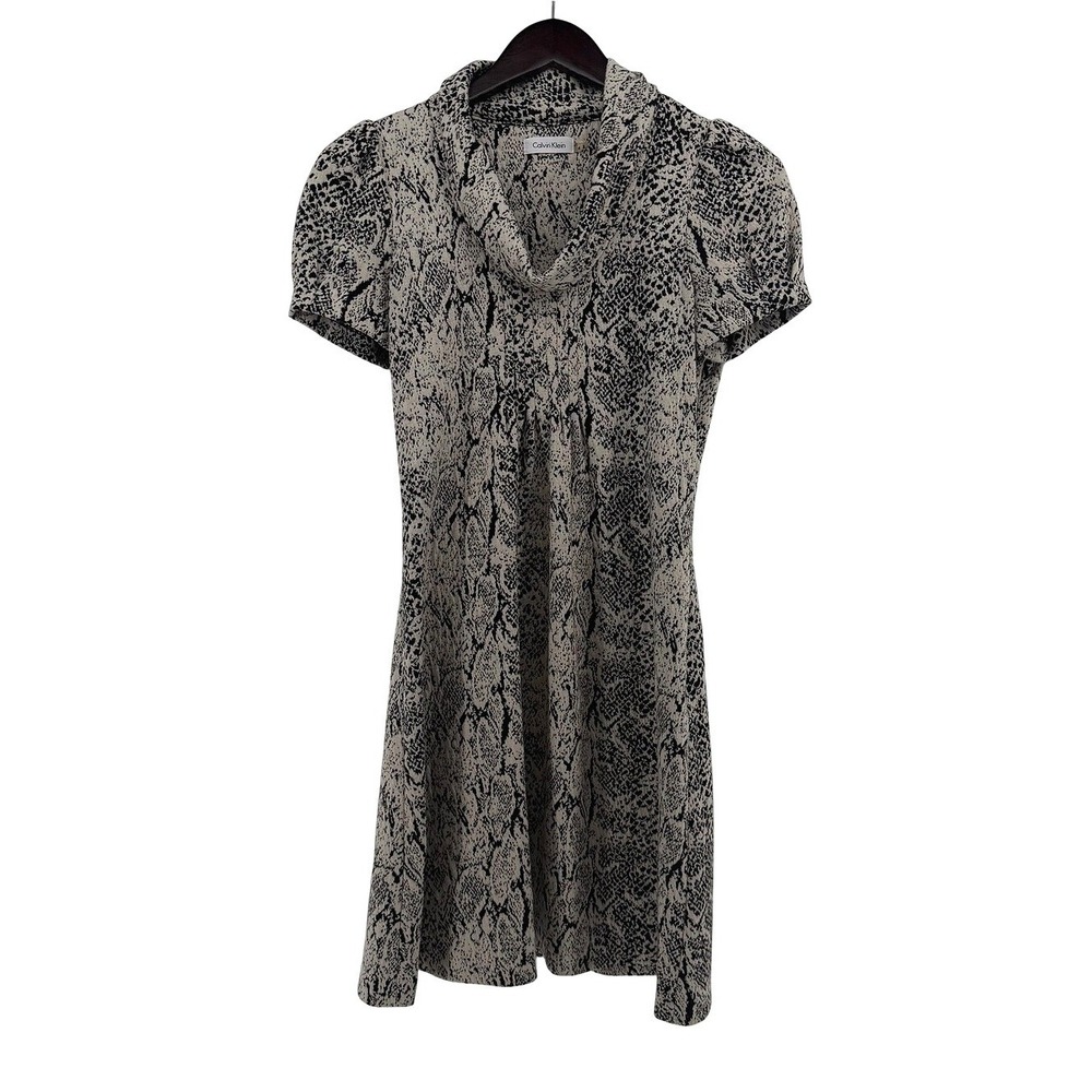 Calvin Klein Womens‎ Snakeskin Print Cowl Neck Short Sleeve Dress Grey Size 4